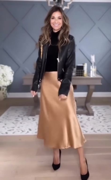 Copper Silk Skirt, How To Wear Silk Midi Skirt, Blush Satin Skirt Outfit, Gold Skirt Outfit Ideas, Bronze Satin Skirt Outfit, Gold Satin Skirt Outfit Winter, Creme Satin Skirt Outfit, Long Gold Skirt Outfit, Gold Slip Skirt Outfit