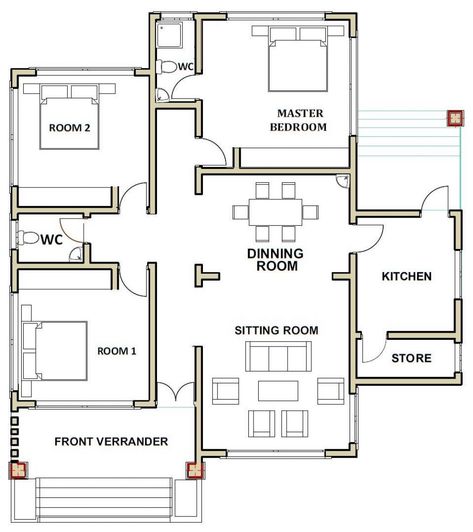 Closed Kitchen, Simple 3 Bedroom House, Small House Design Floor Plan, Bungalow House Floor Plans, 4 Bedroom House Plan, 3 Bedroom House Plan, Modern Bungalow House Plans, Small Modern House Plans, Three Bedroom House Plan