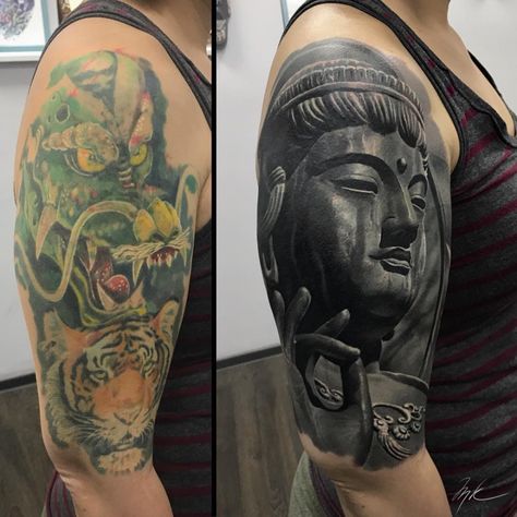 Tattoo Sleeve Cover Up, Arm Cover Up Tattoos, Cover Up Tattoos For Men, Venom Tattoo, Tatuaje Cover Up, Buddhist Tattoo, Black Tattoo Cover Up, Buddha Tattoos, Buddha Tattoo