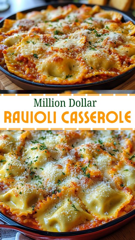 Million Dollar Ravioli Casserole Meat Ravioli Recipe, Frozen Ravioli Recipes, Frozen Casserole Recipes, Ravioli Dinner Ideas, Million Dollar Ravioli, Freezable Meal Prep, Ravioli Sauce Recipe, Cheese Ravioli Recipe, Cheesy Ravioli