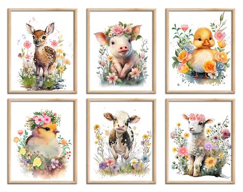 PRICES MAY VARY. 👍◆This set of 6 unframed posters features watercolor illustrations of various farm animals, including a duck, cow, pig, sheep, Sika deer and chicken. Each print measures 8" x 10" inches, allowing you the freedom to choose your own frames, colors, and arrangements that suit your nursery decor perfectly. 👍◆Crafted with attention to detail, our watercolor farm animals wall art prints capture the innocence and charm of these beloved creatures. The vibrant and soothing tones of the Farmhouse Kids Room, Farm Animals Nursery, Watercolor Farm Animals, Watercolor Nursery Animals, Room Farmhouse Decor, Farm Nursery Theme, Animal Wall Art Prints, Baby Watercolor, Farm Nursery Decor