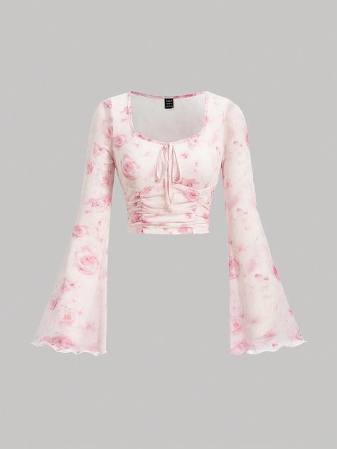 Women's Light-Pink Floral Printed Sweetheart Collar Flare Sleeve T-Shirt Baby Pink Casual  Long Sleeve Knitted Fabric Floral,Tie Dye  Medium Stretch  Women Clothing, size features are:Bust: ,Length: ,Sleeve Length: Pale Pink Clothes, Cute Tops To Wear With Jeans, Pink Cute Clothes, Cute Pink Shirts, Cute Shein Clothes, Cute Pink Clothes, Pink Dress Outfit Casual, Shirt With Flared Sleeves, Girly Shirts