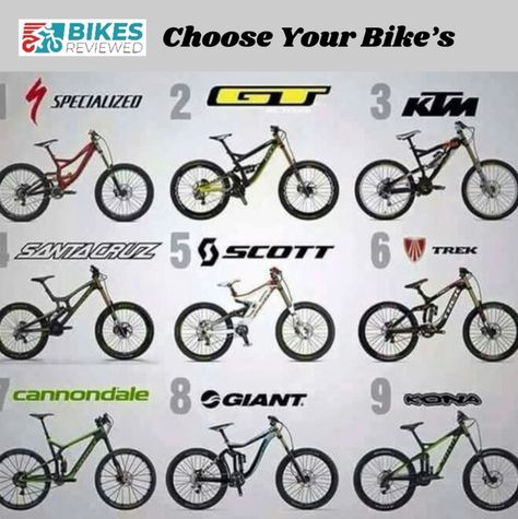 Explore the Diversity of Bike Brands: Which One Will You Choose for Your Next Ride? 🚲🌟  #bikebrands #biking #cycling #cyclingpassion #bikesreviewed #gtbikes #ktmbikes #santacruzbikes #scottbikes #trekbikes #giantbikes #konabikes Mtb Riding, Mountain Bike Art, Mountain Biking Gear, Bike Training, Bike Camping, Bicycle Mountain Bike, Downhill Bike, Best Bike, Downhill Mtb