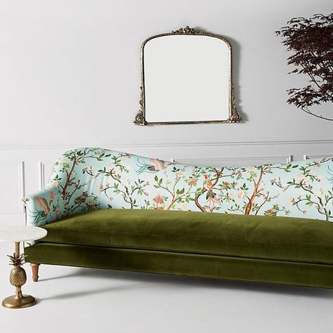 An Anthropologie sofa so chic, you may just faint on it the second it's delivered. The good news is it's so soft, your aging Millennial bones won't even feel a thing. Anthropologie Sofa, Green Couch, Mirror On The Wall, Linen Upholstery, Unique Furniture, Home Interior, Sofa Furniture, Chaise Lounge, The Wall