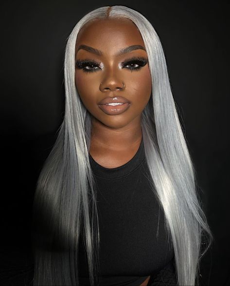 Grey Lacefront Wig, Grey Wig On Dark Skin, Silver Hair Black Women, Grey Wigs For Black Women, Gray Wigs For Black Women, Platinum Silver Hair, Silver Wig, Wig Installation, Birthday Makeup Looks