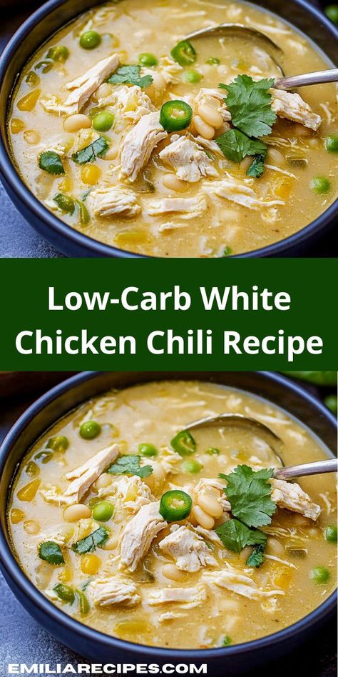 Looking for a low carb recipe that's easy? Try this Low-Carb White Chicken Chili Recipe! It’s an easy chili recipe perfect for healthy chicken recipes and low carb dinners, great for dinner ideas easy and quick. White Chicken Chili Recipe, White Chili Chicken Recipe, Chili Recipe Crockpot, Easy Chili, Chili Recipe Easy, Chicken Chili Recipe, White Chicken Chili, White Chicken, Low Carb Dinner