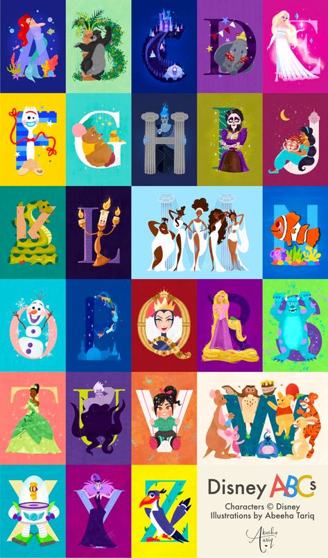 Disney Characters Letters, Disney Character Names, Illustration Alphabet, Alphabet Disney, Disney Names, Disney Letters, Disney Alphabet, Abc Art, Disney Font