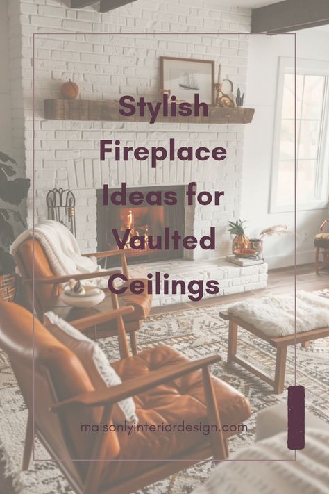 A collection of stylish fireplace ideas that work perfectly with vaulted ceilings, showcasing various design styles to inspire elegant living space improvements. This pin features one alluring and cozy fireplace setup. Tall Ceiling Mantel Decorating Ideas, Fireplace Wall With Slanted Ceiling, Fireplace With Sloped Ceiling, Tall Brick Fireplace Wall High Ceilings, Fireplace Mantel Vaulted Ceiling, Fireplace With Built In Cabinets Vaulted Ceiling, Faux Fireplace Diy Vaulted Ceiling, Vaulted Ceiling Living Room 70s, Fireplace Ideas For Vaulted Ceilings