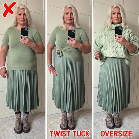 A Woman Teaches Other Women How to Dodge Common Fashion Mistakes Styling Long Skirts Plus Size, Plus Size Period Clothing, Matured Look Outfit Plus Size, Maxi Skirt And Sweater Outfit Plus Size, Morbidly Obese Women, Green Pleated Skirt, Jumpsuit Fitted, Classic Black Dress, Middle Aged Women