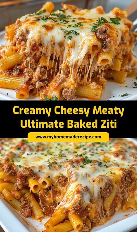 This Creamy Cheesy Meaty Baked Ziti is loaded with rich sauce, ground meat, ricotta, and plenty of melted cheese. It’s a hearty, comforting dish that’s perfect for family dinners or gatherings. Easy to make and even better to eat! #BakedZiti #CheesyBakedZiti #ComfortFood #EasyPastaRecipes #FamilyDinner Ground Beef Baked Ziti, Cheesy Ziti, Ground Beef Ziti Recipes, Baked Ziti Pasta Recipes, Homemade Baked Ziti, Easy Meat Meals For Dinner, Meal Ideas Using Ground Beef, Hardy Dinner Ideas, Dinner For Family Of Four