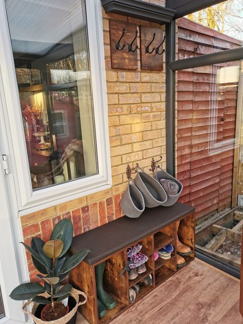 Shoe Rack Front Porch, Porch Shoe Rack, Entryway Shoe Rack Bench, Front Porch Boot Storage, Outdoor Shoe Rack Ideas Front Porches, Diy Outdoor Shoe Storage, Shoe Storage Front Door, Back Door Shoe Storage Ideas, Front Porch Shoe Storage