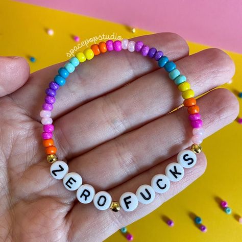 ZERO FUCKS Swear Word Colorful Stretchy Bracelet Funny - Etsy Pottstown Pennsylvania, Diy Kandi Bracelets, Letter Bead Bracelets, Pony Bead Bracelets, Beaded Braclets, Homemade Bracelets, Pride Bracelet, Swear Word, Anime Jewelry