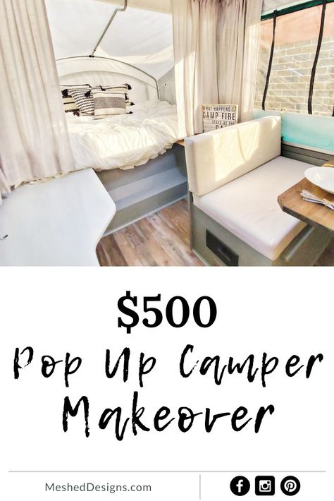 $500 Pop Up Camper Makeover - MeshedDesigns Camper Makeover Ideas, Small Travel Trailer Remodel, Tent Trailer Remodel, Camper Table, Small Travel Trailer, Camper Curtains, Popup Camper Remodel, Pop Up Tent Trailer, Camper Diy