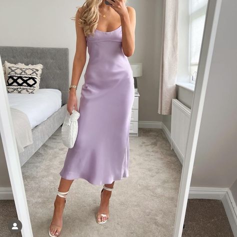 Round Neck Midi Dress With Adjustable Spaghetti Straps Back Vent Side Hidden Inseam Zip Closure Zara Satin Dress Outfit, Tangled Hoco, Lilac Dress Outfit, Simple Satin Dress, Lilac Satin Dress, Cats Wedding, Zara Satin Dress, Tik Tok Famous, Purple Satin Dress