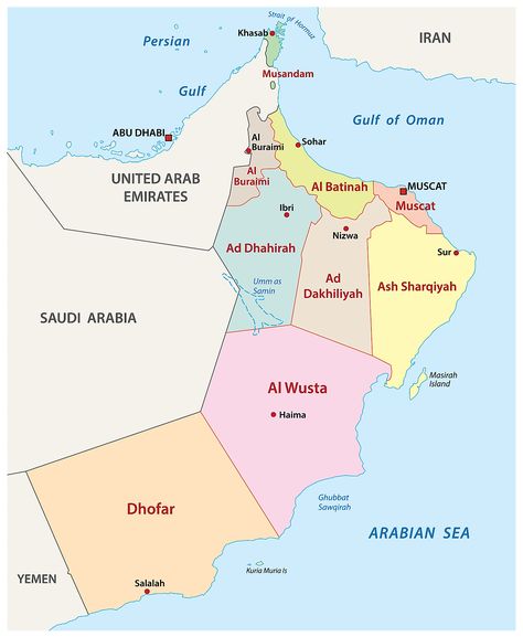 Governorates Map of Oman Oman Map, Oman Flag, Western Borders, Sultanate Of Oman, Physical Map, Arabian Peninsula, Asia Map, Satellite Maps, Coastal Plain