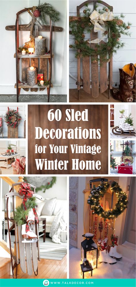 Decorated Sleds For Christmas, Antique Sled Decor Ideas, Old Sleds Decorated For Christmas, Christmas Sled Decoration Front Porches, Winter Porch Decorations, Winter Front Porch Decor, Christmas Sled Decoration, Christmas Sleigh Decorations, Winter Porch Decor