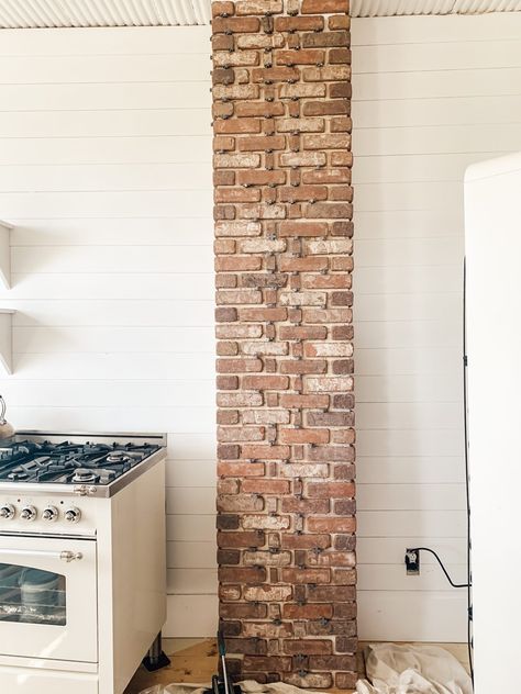 Chimney In Kitchen Ideas, Chimney Covering Ideas, Column In Kitchen, Old Chimney, Steel Decor, Fake Brick, Chimney Design, Mudroom Flooring, Interior Brick