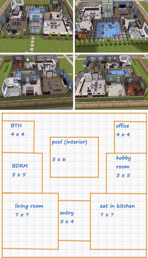 Sims Freeplay Houses Layouts, One Story House Design, Casas The Sims Freeplay, Shaped House, One Story House, Open Floor House Plans, Sims Freeplay Houses, Bangunan Minecraft, Sims Free Play