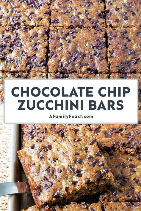 Chocolate Chip Zucchini Bars - A Family Feast Chocolate Zucchini Bars, Family Feast Recipes, Easy Bars, Zucchini Bars, Zucchini Recipes Dessert, Chocolate Chip Bars, Caramel Desserts, Keto Chocolate Chips, Cereal Treats