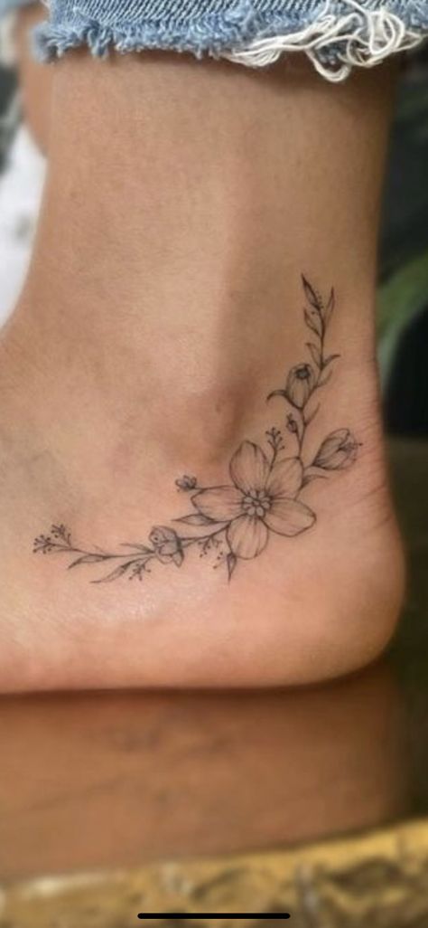 Under Ankle Tattoo, Small Tattoos And Placement, Daisy And Vine Tattoo, Wildflower Tattoo On Ankle, Small Floral Vine Tattoo, Flower Tatoos Woman Arm, Beach Flower Tattoo Ideas, Inside Of Ankle Tattoo, Simple Single Flower Tattoo