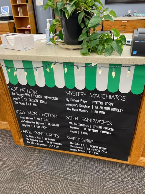 Starbucks Themed Library, Bookstore Classroom Theme, Classroom Coffee Shop, Starbucks Book Tasting, Classroom Cafe Theme, Reading Cafe In Classroom, Book Tasting Middle School, Coffee Shop Classroom Decor, Starbucks Classroom Transformation