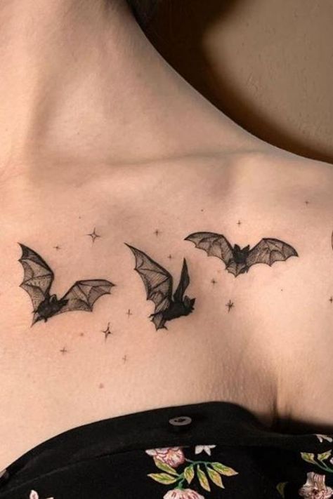 50 Cute Clavicle Tattoos for Women | Art and Design Cute Halloween Tattoos, Clavicle Tattoo, Vampire Tattoo, Emo Tattoos, Goth Tattoo, Bat Tattoo, Bone Tattoos, Wicked Tattoos, Collar Bone Tattoo