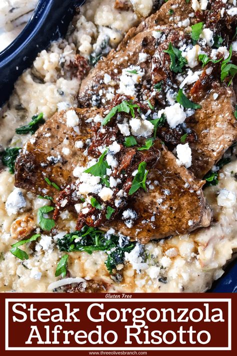 Steak Gorgonzola Alfredo Risotto - Three Olives Branch Risotto With Steak, Blue Cheese Risotto, Beef Risotto Recipes, Alfredo Risotto, Steak And Risotto, Steak Risotto, Steak Gorgonzola Alfredo, Gorgonzola Alfredo, Gorgonzola Risotto