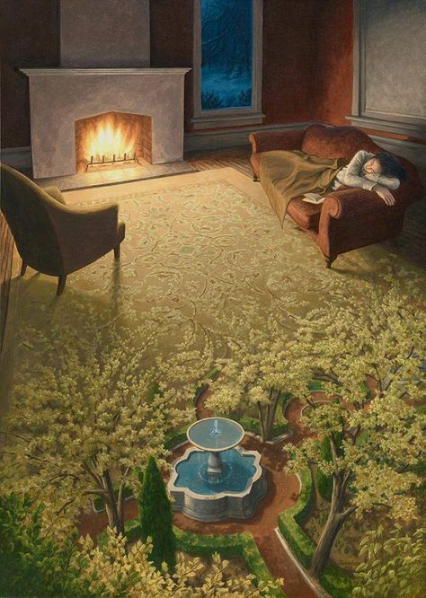 "The Weaving of a Spring Dream" Rob Gonsalves 2015 Robert Gonsalves, Rob Gonsalves, Optical Illusion Paintings, Illusion Paintings, Canadian Painters, Colossal Art, Magic Realism, Kunst Inspiration, Realism Painting