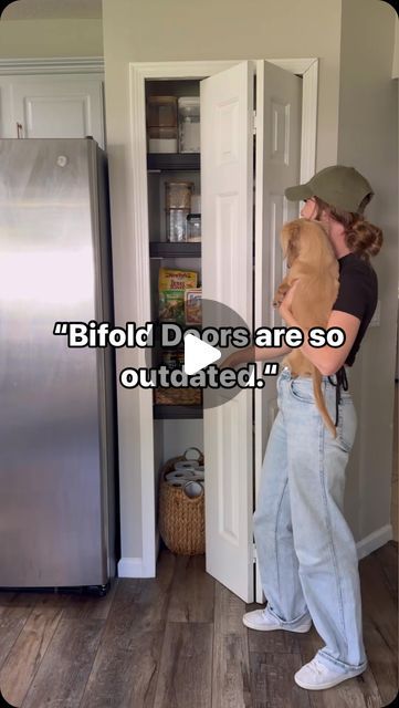 How To Install Bifold Doors, Update Outside Of House, Replace Bifold Pantry Doors, Pantry Bifold Door Makeover, Kitchen Pantry Bifold Doors, Colored Pantry Door, Pantry Door Remodel, Pantry Door Upgrade, Bifold Pantry Door Ideas