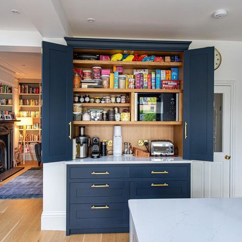 Herringbone Kitchens on Instagram: “We love a breakfast cupboard (and all things breakfast). We make our breakfast cupboards with shelving that can be arranged however works…” Breakfast Cupboard, Cupboard Ideas, Herringbone Kitchen, Kitchen Larder, Kitchen Furniture Storage, Open Plan Kitchen Living Room, Bedroom Cupboard Designs, Studio Kitchen, Cupboard Design