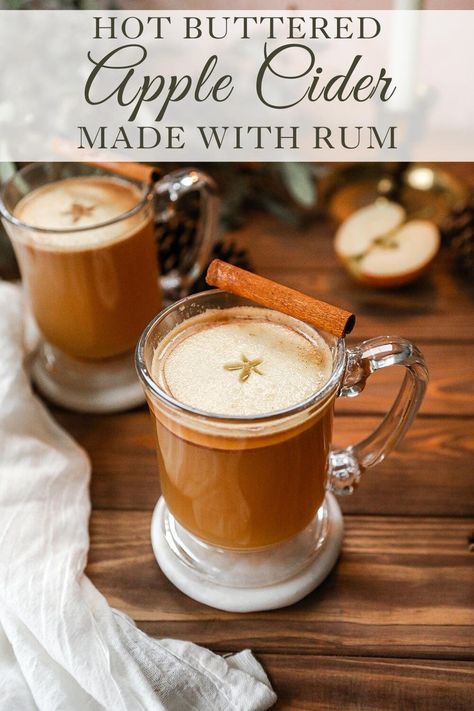 Alcoholic Drinks With Apple Cider, Cider Mixed Drinks, Buttered Rum Drink, Buttered Apple Cider, Hot Cider Recipe, Cider Alcohol Drinks, Apple Cider Alcohol, Hot Butter Rum, Summer Drink Recipes Nonalcoholic