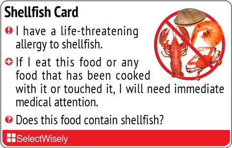 Shellfish Allergy Translation Card | Seafood, Fish & Shellfish Allergies | Food Allergies | SelectWisely Fish Allergy, Shellfish Allergy, Dairy Intolerance, Peanut Allergy, Spoonie Life, Dairy Free Diet, Food Allergy, Gluten Intolerance, Foreign Language