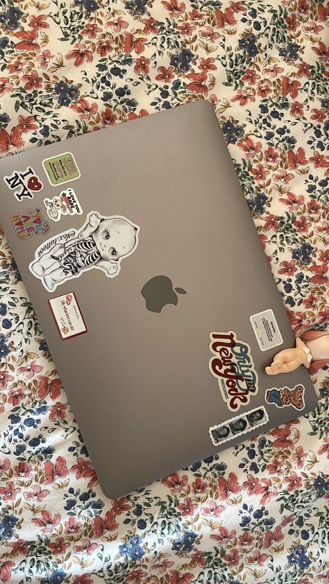 stickers are from lovers and lace, my tattoo artist, and nyc! and my sonny Macbook Decoration Stickers, Macbook Stickers Ideas, Laptop Decoration Ideas, Laptop With Stickers, Laptop Stickers Ideas, Stickers On Laptop, Macbook Case Stickers, Mac Stickers, Laptop Aesthetic