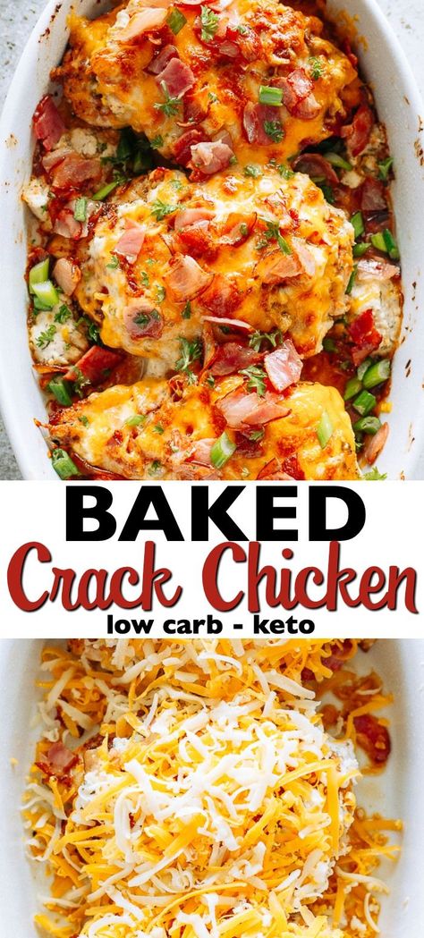 Baked Crack Chicken Breasts, also referred to as Ranch Chicken with Bacon, is a delicious and creamy dish loaded with cheese and bacon. Hard to believe that Crack Chicken is also Low Carb and Keto-Friendly! #crackchicken #ketorecipes #lowcarb #chickendinner Chicken With Bacon, Ayam Bakar, Resep Diet, Keto Pancakes, Makanan Diet, Ranch Chicken, Carb Meals, Keto Recipes Dinner, Diet Vegetarian