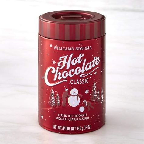 Williams Sonoma Classic Hot Chocolate Cocoa Packaging, Hot Chocolate Set, Illustrated Packaging, Hot Choco, Gourmet Hot Chocolate, Cocoa Party, Classic Hot Chocolate, Salted Caramel Hot Chocolate, Metal Packaging