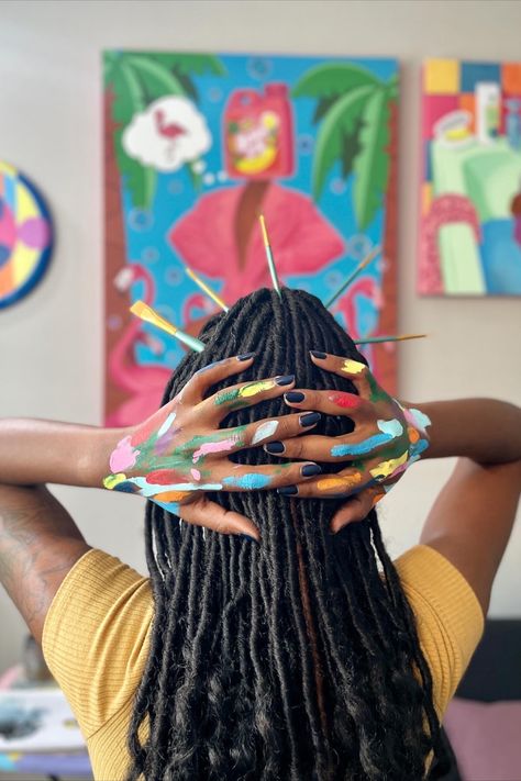 Black Art Studio, Black Art Teacher Aesthetic, Art Studio Photoshoot Ideas, Black Painter Aesthetic, Full Time Artist Aesthetic, Rich Artist Aesthetic, Painters Photoshoot, Graphic Artist Aesthetic, Black Woman Artist