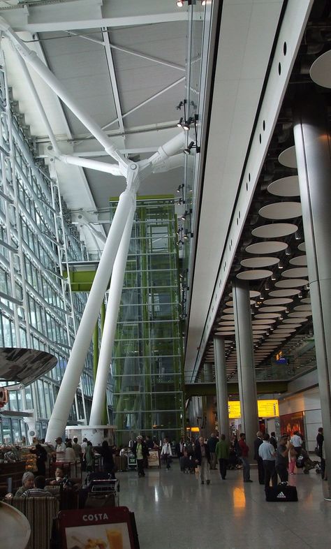 Hall of the Terminal 5 Building, Heathrow Airport, London UK Airport Heathrow, Heathrow Airport Terminal 5, Transport Architecture, London Heathrow Airport, Inspiring Architecture, Membrane Structure, Airport Design, The Terminal, Bus Terminal