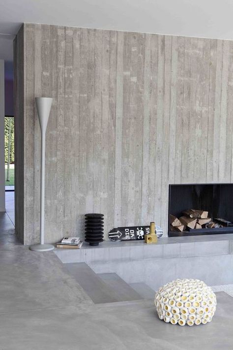 vertical board-formed concrete at minimalist fireplace // Hart Concrete Design: Modern Wall Texture, Sunken Lounge, Board Formed Concrete, Concrete Interiors, Concrete Houses, Concrete Fireplace, Wall Texture Design, Modern Interior Decor, Contemporary Fireplace