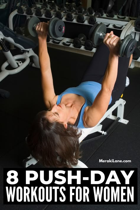 8 Push Day Workouts | Ready to tone, strengthen, and sculpt your chest, shoulders, and triceps? Whether you're working out at a gym with dumbbells and resistance bands, or you need no equipment options for at home workouts, we've got you covered. If you prefer basic cardio, HIIT, strength training, workouts with no pushups, or a combo of everything, there is a push day exercise routine in here for you! Perfect for beginners and beyond, add these to your full body workout routine! Pull Strength Workout, Push Day Workout Dumbbells At Home, Ppl Dumbbell Workout, Push Day Exercises For Women, Push Upper Body Workout, Push Workout Gym, Full Body Push Workout, Push Exercises Gym, Push Day Workout Women At Home