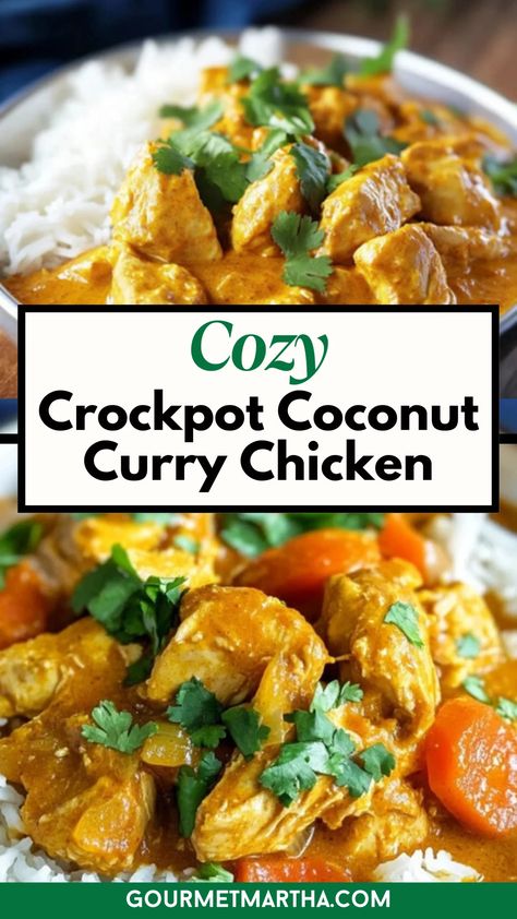 A creamy, flavorful curry that transforms your kitchen into a cozy retreat! This easy slow-cooker recipe combines tender chicken with aromatic spices and rich coconut milk, creating a comforting dish that’s ideal for busy weeknights or meal-prep days. Make this dish tonight – grab the recipe! #crockpotrecipes #coconutcurry #easyweeknightmeals #slowcookerdinner #comfortfood #currychicken #mealprepideas #familydinner #cozyrecipes #chickenrecipes Crockpot Coconut Curry Chicken, Coconut Curry Chicken Crockpot, Chicken Curry Crockpot, Crock Pot Curry, Coconut Curry Chicken Recipes, Coconut Curry Sauce, Slow Cooked Meals, Coconut Curry Chicken, Slow Cooker Dinner