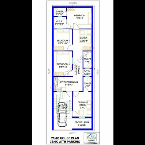 20 60 House Plan, 20x60 House Design, 20×60 House Plan, 20 X 60 House Plans Layout, 20x60 House Plans, Square House Floor Plans, Civil Plan, 60 House, 20x30 House Plans