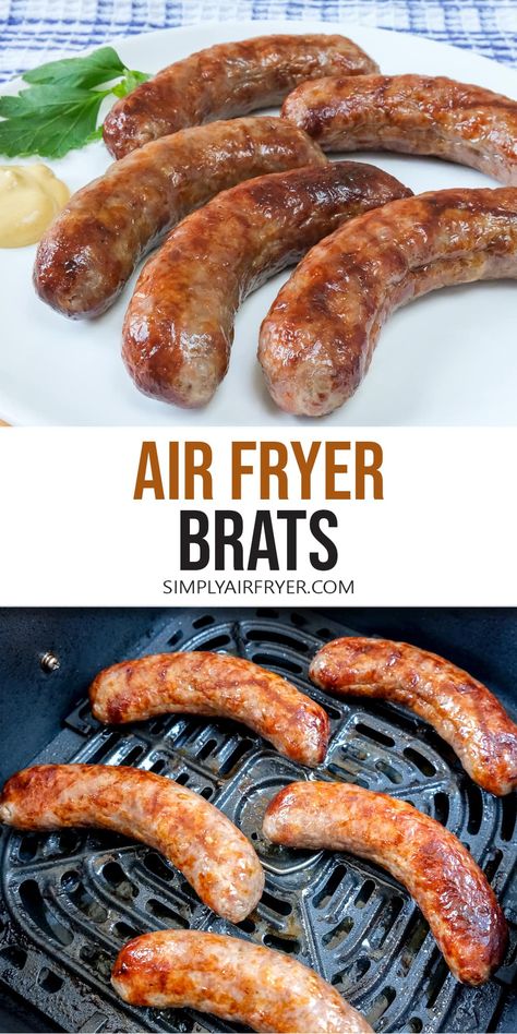 Want to make air fryer brats? Bratwurst in the air fryer are so easy to make and turn out super juicy - ready to be enjoyed plain or in a bun! Frozen Brats In Air Fryer, Air Fry Bratwurst, How To Cook Brats In Air Fryer, Best Way To Cook Brats, Bratwurst In Air Fryer, Brats Air Fryer, Brats In Air Fryer, Air Fryer Bratwurst, Air Fryer Brats