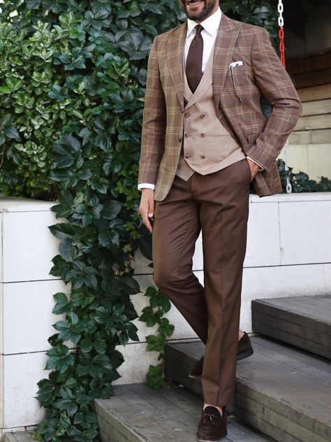 Brown Plaid Slim-Fit Suit 3-Piece Mixed Suit Combinations, Brown Plaid Suit Men, Mens 2 Piece Suits, Three Piece Suit Mens, Plaid Suit Men, Blazer Waistcoat, Tartan Suit, Moss Wedding, Checkered Suit