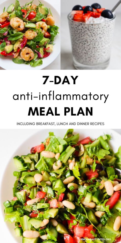 This 7-day anti-inflammatory diet meal plan can be the first step on your journey to reduce chronic inflammation and pain and to get back to living fully. The one-week menu includes anti-inflammatory recipes for breakfast, lunch and dinner! Pagen Diet Recipes, Low Inflammation Diet Meal Plan, Inflammation Detox Diet, Anti Inflammation Turkey Recipes, 1 Week Anti Inflammation Diet, Antiinflammatory Meals Gluten Free, Antiinflammatory Meals Breakfast Easy, Antiflammatory Diet Meal Plan, Antiinflammatory Meal Prep