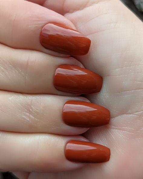 Brick Orange Nails, Burnt Orange Nail Polish, Copper Colored Nails, Fall Nails Colors 2023, Copper Brown Nails, Autumn Nail Colours 2023, Rust Nail Color, Orange Dip Powder Nails, Soft Orange Nails