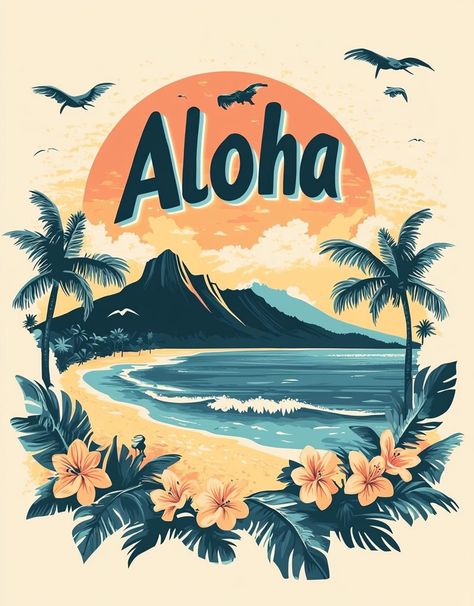 Bring the vibrant spirit of Hawaii into your home, coctail bar or office with this stunning retro-inspired "Aloha" beach sunset poster.  Featuring a lush tropical landscape, serene ocean waves, and iconic hibiscus flowers, this vintage-style artwork captures the essence of paradise.  Perfect for adding a warm, island vibe to any space, whether it's your living room, bedroom, office, or coctail bar.  This high-quality print is ideal for those who love the beach, tropical vacations, or simply want to infuse a touch of aloha into their decor.  This poster makes a great gift for friends, family, or anyone who dreams of Hawaiian sunsets. Dimensions of the original file: 3904 x 4992 Aspect ratio: 61:78  Size of the second file: 42x59.4 cm After the purchase you will need to download the digital Hawaii Travel Poster, Retro Hawaii Aesthetic, Vintage Tropical Art, Aloha Aesthetic, Cute Computer Backgrounds, Vintage Beach Posters, Hawaii Poster, Wall Poster Vintage, Hawaii Design