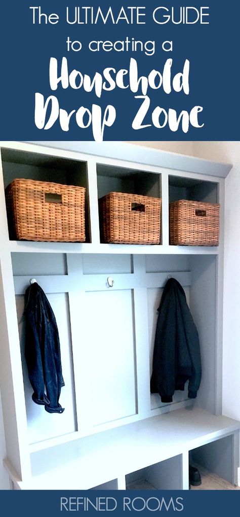 A household drop zone is one of the foundations of an organized home. Create yours today with the help of this Ultimate Guide! | #dropzone #householddropzone #householdorganization #organizingtips #mudroom #RefinedRooms #OrganizeandRefineChallenge Entryway Closet Organization, Drop Zone Ideas, An Organized Home, Entryway Closet, Mudroom Organization, Mud Room Storage, Mudroom Design, Organized Home, Drop Zone