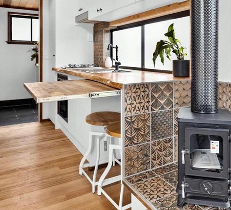 Fireplace Area, Tiled Fireplace, Wisconsin Vacation, Space Saving Kitchen, Fireplace Tile, Fireplace Design, Space Saving, Wisconsin, Tiny House