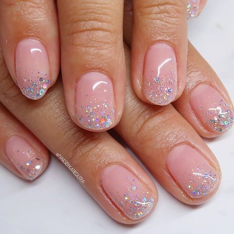 Pink Ombre French Nails, Blush Nail Designs, Glitter Nail Ideas, Fade Nails, Clear Glitter Nails, Glitter Fade Nails, Blush Nail, Glitter Nail Designs, Pink Wedding Nails