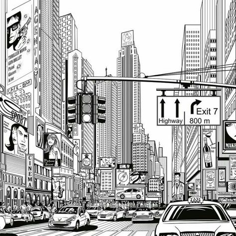 New York Skyline Silhouette, Cartoon City, Large Wall Murals, New York City Photos, New York Black And White, Wallpaper Stores, City Cartoon, Tower Building, City Drawing